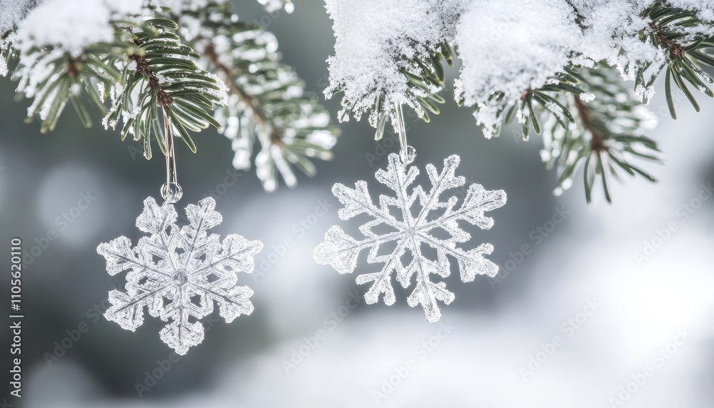 Two Crystal Snowflakes Hanging From Snowy Pine Branches Two Crystal Snowflakes Hanging From Snowy Pine Branches