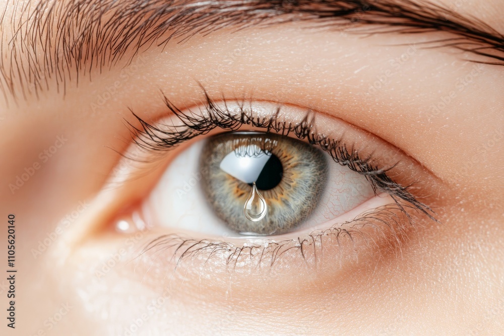 A serene photographic capture of an eye, lightly shedding a tear, emphasizing the peaceful yet profound emotional state evident in the eye's expression.