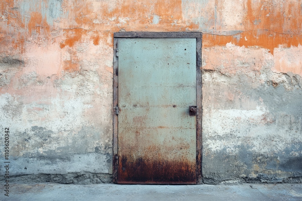 A rusted metal door stands against a vibrant peeling plaster wall, juxtaposing decay and bright colors, capturing a mood of nostalgia and urban decay. A rusted metal door stands against a vibrant peeling plaster wall, juxtaposing decay and bright colors, capturing a mood of nostalgia and urban decay.