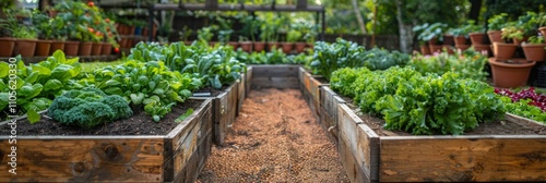 A pathway of gravel separates two raised garden beds filled with lush green leafy vegetables. AI generative. .