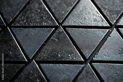 A close-up shot of dark triangular tiles arranged in a geometric pattern, showcasing minimalism and modernity with a sense of precision and aesthetic allure. photo