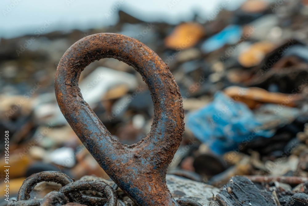 A singular rusty hook standing firm amongst a chaotic background of blurred industrial debris, artists an inviting tapestry for the decay and abandonment concept. A singular rusty hook standing firm amongst a chaotic background of blurred industrial debris, artists an inviting tapestry for the decay and abandonment concept.