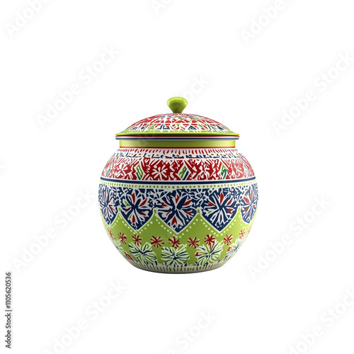 Ornate Hand-painted Ceramic Jar with Lid, Green and Red Ethnic Pattern