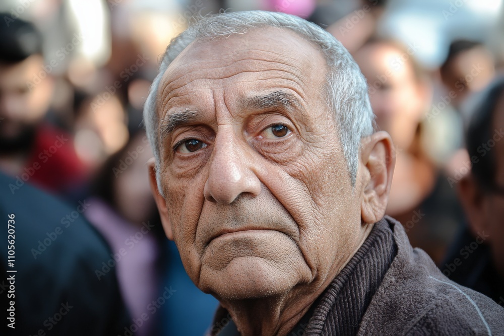 An elderly man displaying a pensive demeanor is amongst a crowd in a bustling street, reflecting on life's complexities and the passage of time.