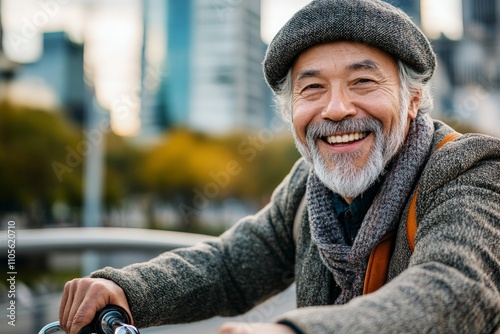An elderly man wearing a beanie grins warmly as he enjoys a view of the city's architecture, embodying contentment and the pleasures of exploration. photo