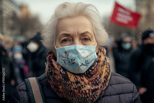 An elderly woman adorned with a patterned scarf and a protective mask stands with a determined look amidst an urban crowd, conveying resilience and safety. photo