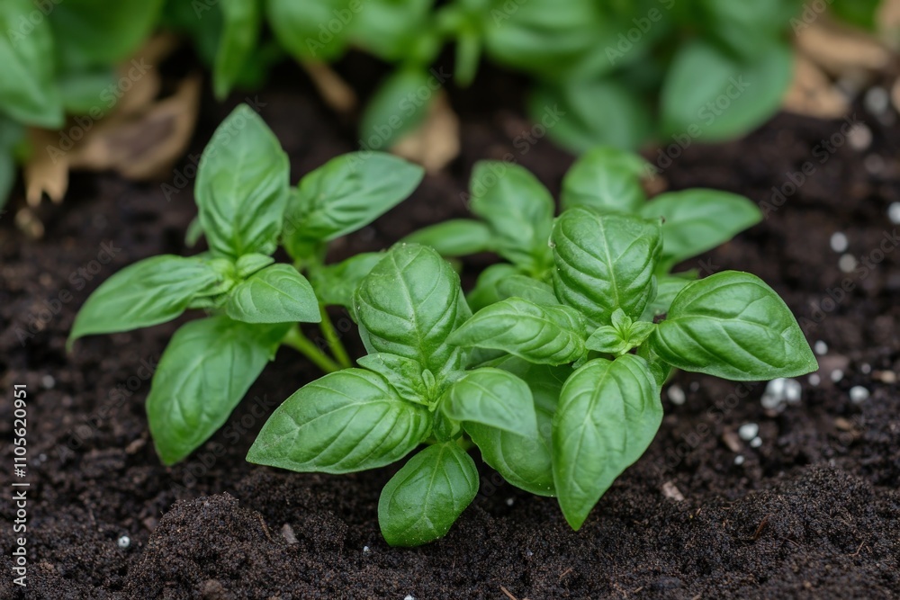 This image shows young basil plants flourishing in rich and fertile outdoor soil, symbolizing growth and the nurturing aspect of nature in its lush, green beauty. This image shows young basil plants flourishing in rich and fertile outdoor soil, symbolizing growth and the nurturing aspect of nature in its lush, green beauty.