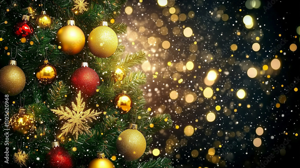 A majestic Christmas tree adorned with shimmering gold and vibrant red ornaments, casting a warm and inviting glow against a dark backdrop. Perfect for holiday greeting cards, this festive image evoke A majestic Christmas tree adorned with shimmering gold and vibrant red ornaments, casting a warm and inviting glow against a dark backdrop. Perfect for holiday greeting cards, this festive image evoke