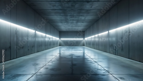 Empty modern underground hall with dark concrete walls  tiled floor. White LED lights line walls creating futuristic atmosphere. Space minimalist  industrial. Suitable for tech product showcase