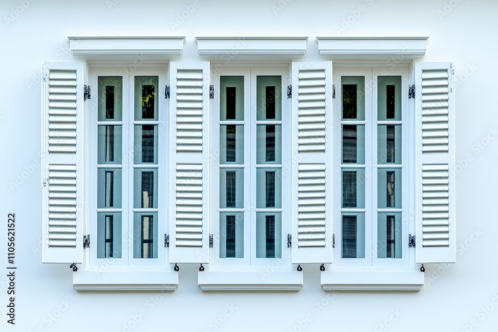 A row of beautifully symmetrical closed white shuttered windows set in a white wall, depicting a classic and serene architectural style and rhythm in design. A row of beautifully symmetrical closed white shuttered windows set in a white wall, depicting a classic and serene architectural style and rhythm in design.