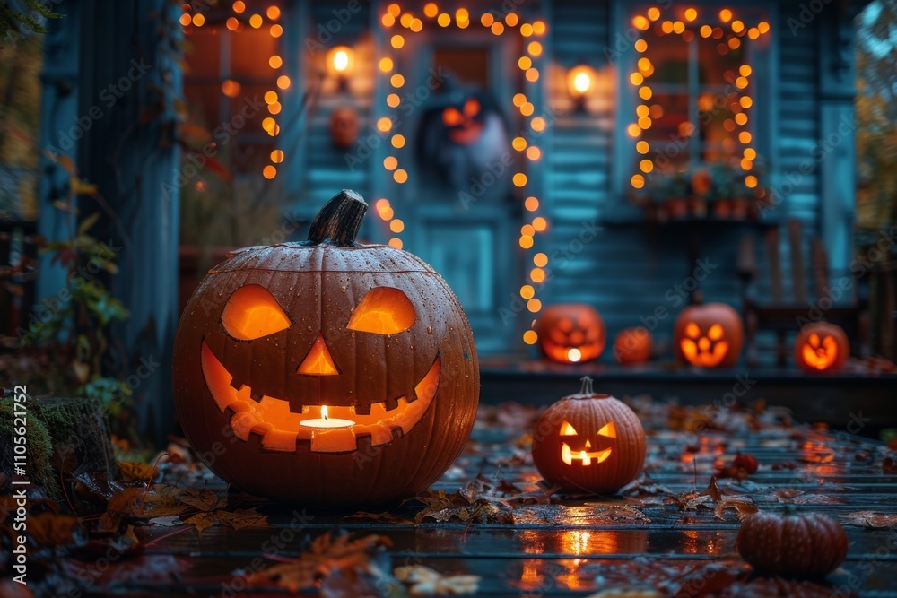 A lit jack-o'-lantern sits on a wet porch surrounded by fallen leaves. AI generative. . A lit jack-o'-lantern sits on a wet porch surrounded by fallen leaves. AI generative. .