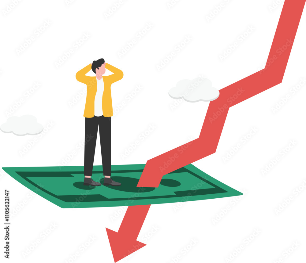 The businessman kneels on the stack of banknotes shot through by the arrow,
The businessman kneels on the stack of banknotes shot through by the arrow,