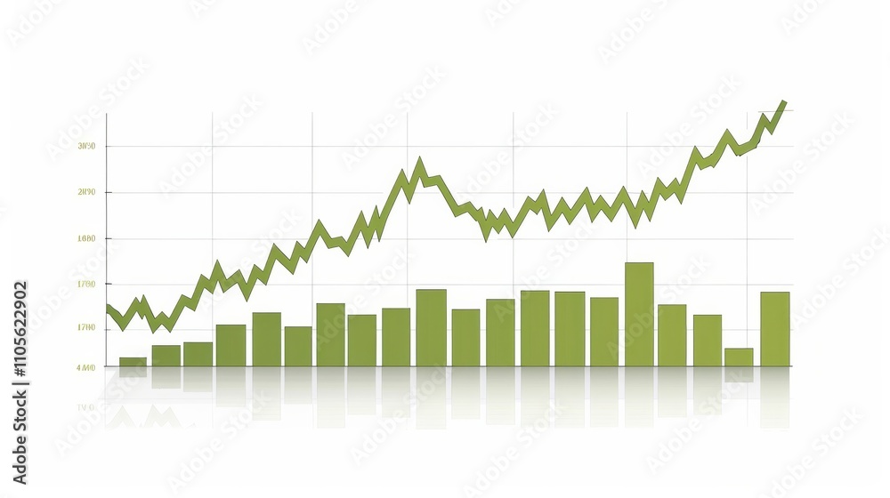 Green line chart and bars on white grid with reflection. AI generative. . Green line chart and bars on white grid with reflection. AI generative. .