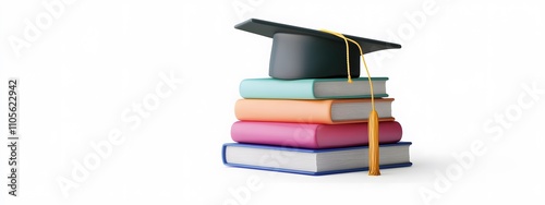 Graduation cap on top of colored books and a diploma