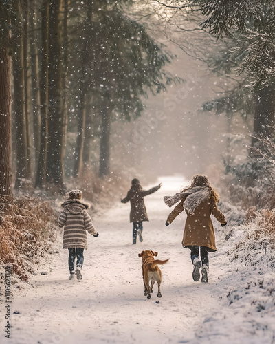 children running with dog in the snow through the park photo