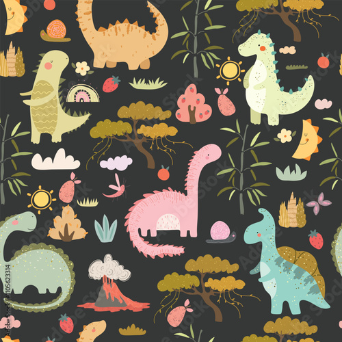 Hand drawn dino and cute cartoon nature. Seamless pattern with animal , plants, fruits, rainbows, moon and sun. Kids pattern with dino. 