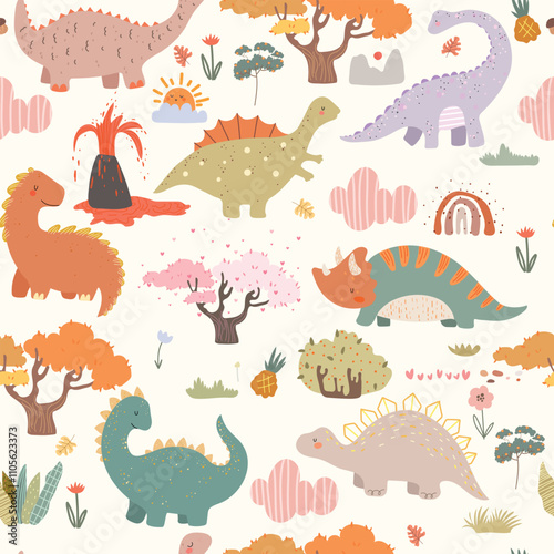 World of dinosaur and plants, doodle. Seamless pattern with hand drawn nature, dino,volcano on white background.