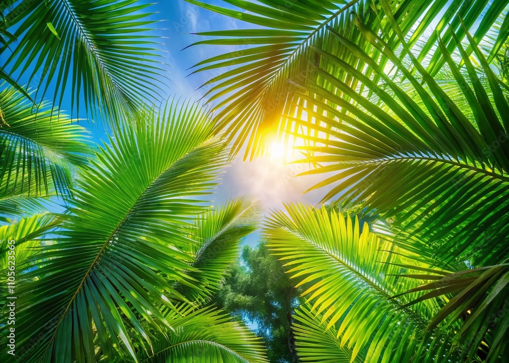 Aerial View of Lush Fresh Palm Leaves Bathed in Sunlight, Evoking a Vibrant Green Plant Background Ideal for Summer Themes and Nature Inspired Designs Aerial View of Lush Fresh Palm Leaves Bathed in Sunlight, Evoking a Vibrant Green Plant Background Ideal for Summer Themes and Nature Inspired Designs