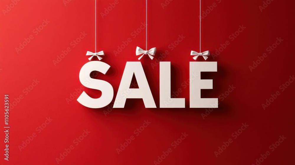 White SALE sign with bows hanging on red background. White SALE sign with bows hanging on red background.