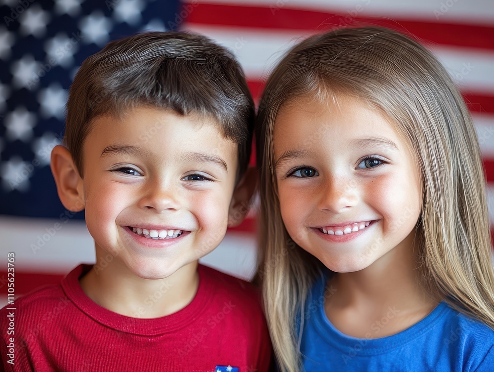 Two smiling children pose together before an American flag Two smiling children pose together before an American flag