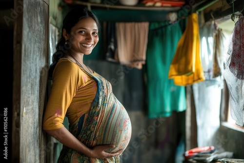 Pregnant woman smiling in humble home