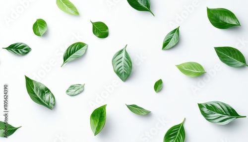 Green leaves scattered on a white background creating a pattern