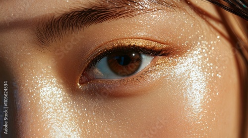 Golden Glitter Eye Makeup Close Up Shot photo