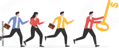 A group of businessmen follow the successful man holding business keys, business leader,

