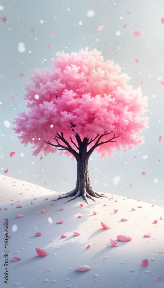 Obraz premium Pink tree stands alone in snowy landscape. Pink flower petals softly fall around tree. Snowy hill gently slopes up to tree. Calm, serene scene. Spring season winter with bloom. Peaceful, beautiful