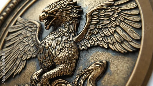 This image showcases a beautifully detailed bronze griffin emblem. Ideal for use in creative projects, designs, and historical themes. It captures the spirit of mythical creatures. Generative AI photo