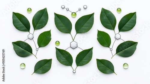 Green Leaves and Droplets on White Background with Molecular Structure