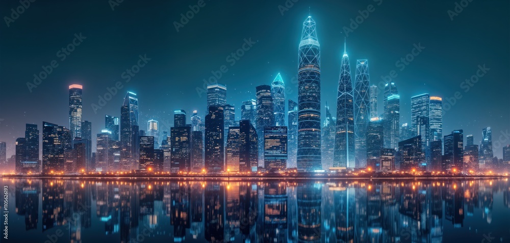 Fototapeta premium Futuristic smart city at night. Skyscrapers with vibrant digital network connections. City reflects in calm water. Modern tech eco city at night. Advanced infrastructure, futuristic architecture.
