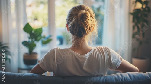 Woman sitting on couch, looking out window, relaxed, serene, thoughtful, peaceful, contemplation, introspection, quiet, calm, interior, home, living room, view, sunlight, natural light,  