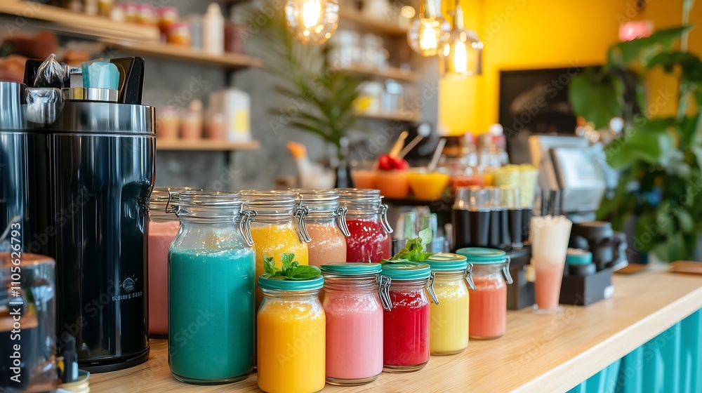 A colorful smoothie bar setup with fresh ingredients, glass jars, and vibrant juices ready to serve. A colorful smoothie bar setup with fresh ingredients, glass jars, and vibrant juices ready to serve.