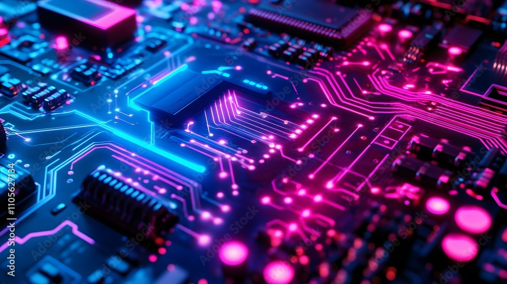 Cyberpunk inspired circuit board with glowing neon l AI generated illustration Cyberpunk inspired circuit board with glowing neon l AI generated illustration