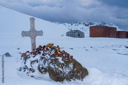 Grave site at the abandoned former whaling station at Port Foster inside of the caldera at Deception Island, Antarctica