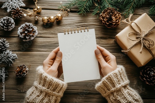 A person's hands hold a blank notepad surrounded by festive decorations like pinecones, gift wrap, and evergreen branches, perfect for holiday planning, note-taking, or creative wishes, photo