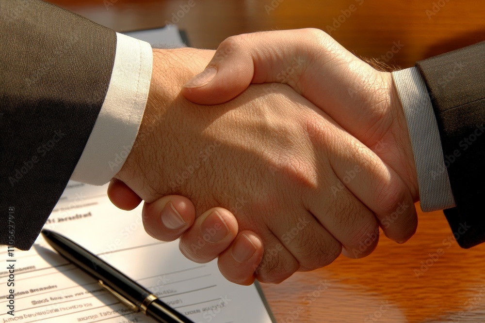 Obraz premium A detailed view of a handshake taking place over a formal contract, capturing the moment of sealing an important business agreement and mutual commitment in a partnership.