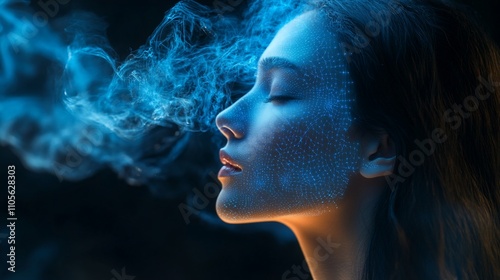 Woman's face with blue smoke and digital pattern.