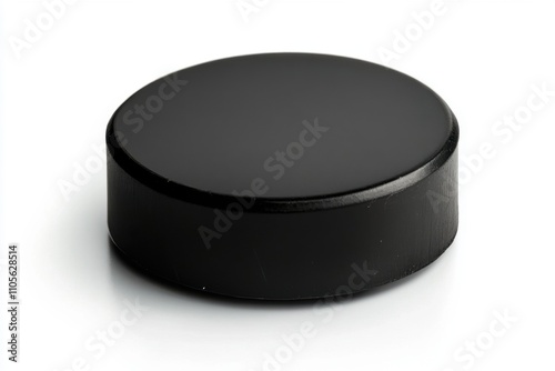 A black hockey puck isolated on a white background, with soft lighting