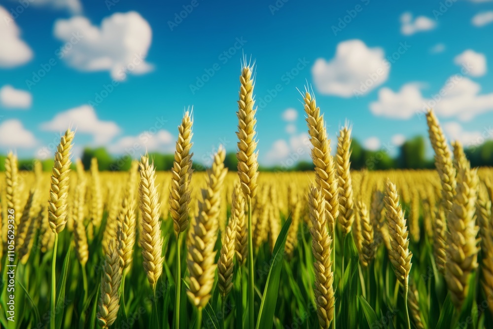 Golden Wheat Field Under a Bright Blue Sky with Fluffy White Clouds Golden Wheat Field Under a Bright Blue Sky with Fluffy White Clouds