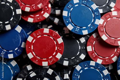 An array of multicolored poker chips including reds, blues, and blacks signifies a bustling and suspenseful gambling atmosphere, rich in gaming tradition and allure. photo