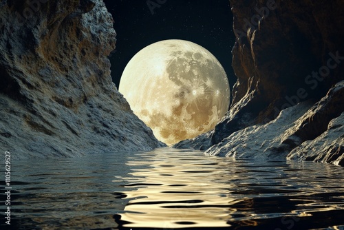 A beautiful and serene scene of a canyon at night, featuring a full moon shining brightly in the sky, casting its reflection on the calm water surface between rocky cliffs. photo