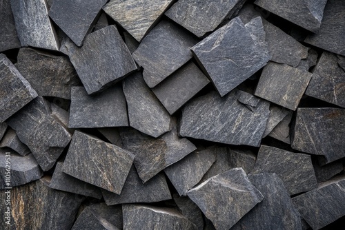 An arrangement of dark stone slate tiles creates an overlapping pattern, presenting a rugged, natural look that emphasizes their rough, textured surface.