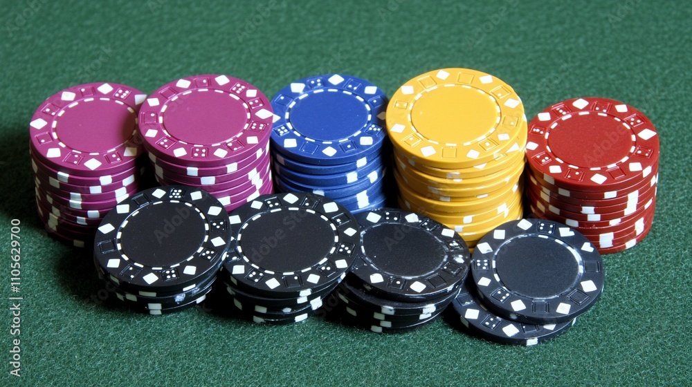 Stacks of colorful poker chips on a green felt table. Stacks of colorful poker chips on a green felt table.