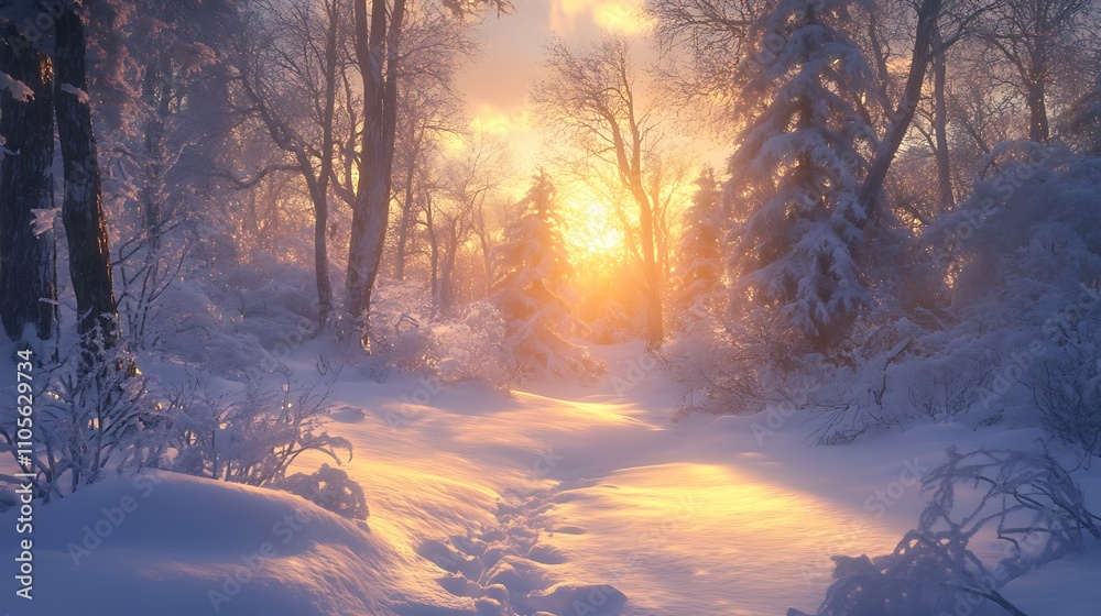 Sunlit Path Through Snow-Covered Winter Forest Sunlit Path Through Snow-Covered Winter Forest