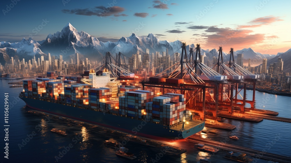 Fototapeta premium Shipping industry action container ship docking at modern port urban landscape sunrise view economic growth concept