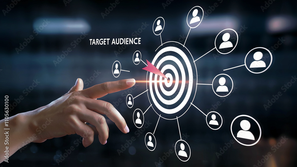 Hand points to target; interconnected icons represent reaching a specific audience.. Hand points to target; interconnected icons represent reaching a specific audience..
