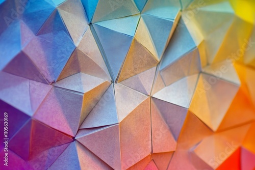 A vibrant display of colorful origami paper folded into intricate geometric triangles, demonstrating creativity, precision, and the art of paper folding enhanced by light.