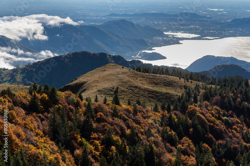 Autumn season in Brescia prealpi with a view over Iseo Lake, Brescia province, Lombardy district, Italy photo